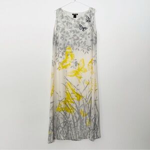 Mureli Woman 100% Silk Gray Yellow Butterfly Floral Relax Fit Maxi Dress XL Y2K